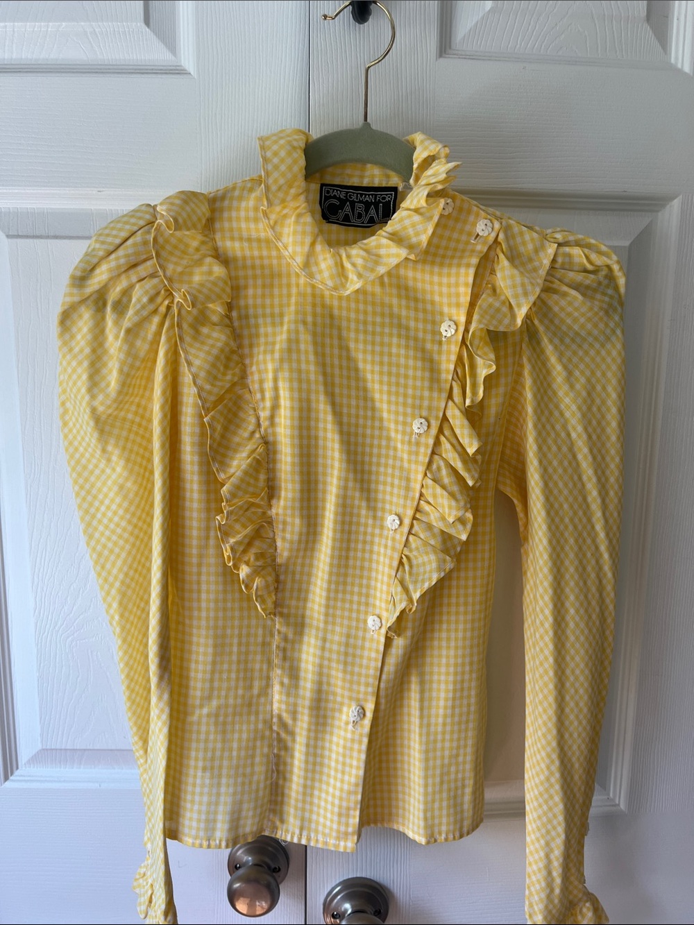 Diane Gilman Yellow Gingham Ruffle-Trim Button Down Shirt